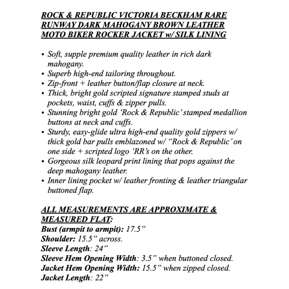 ROCK & REPUBLIC VICTORIA BECKHAM RARE Brown Leather Biker Moto Jacket - Picture 15 of 15